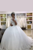 White Short Sleeve Ball Gown Wedding Dress with Lace