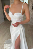 White Spaghetti-Strap Mermaid Prom Dress with Ruffles