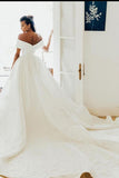 White V-Neck Off-the-Shoulder Ball Gown Wedding Dress with Lace