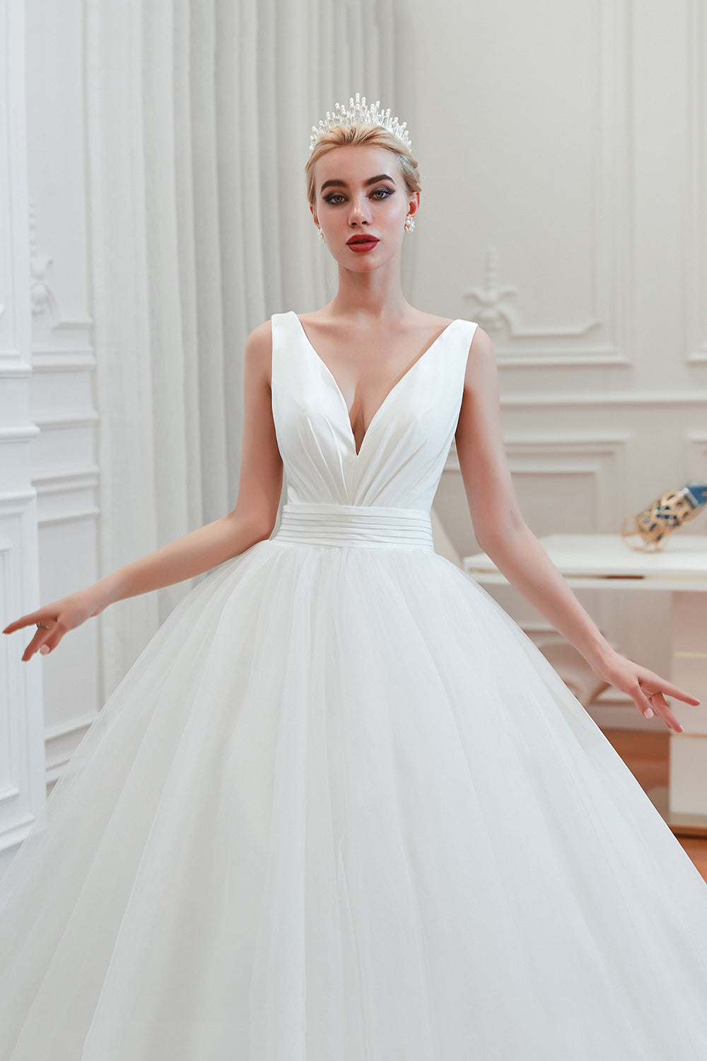 Wide Strap Deep V-Neck Floor-Length A-Line Wedding Dress with Tulle