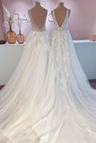 Wide Straps Open Back A-Line Wedding Dress With Lace Appliques Tulle Train