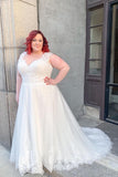 Wide Straps V-Neck A-Line Wedding Dress With Appliques Lace Charming