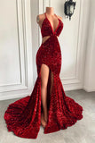 Wine Red Halter Sequins Mermaid Prom Dress with Split