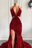 Wine Red Halter Sequins Mermaid Prom Dress with Split