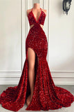 Wine Red Halter Sequins Mermaid Prom Dress with Split