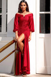 Wine Red Long Sleeve Off-the-Shoulder Evening Dress with Split