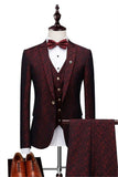 Wine Ruby Notched Lapel Jacquard Tuxedo Suit - Three Pieces