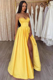 Yellow A-Line Spaghetti-Straps Evening Dress with Split