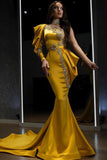 Yellow Halter Mermaid Evening Dress with One Shoulder Long Sleeve and Beadings