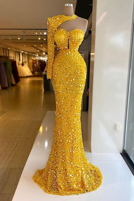 Yellow Halter One Shoulder Long Sleeve Mermaid Prom Dress with Sequins