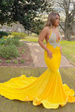 Yellow Halter V-Neck Mermaid Prom Dress with Applique