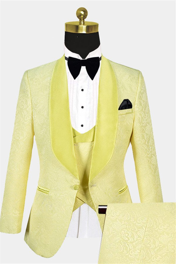 Yellow Jacquard Morning Suit - Three Pieces Notch Collar