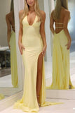 Yellow Lace-up Mermaid Prom Dress with Train