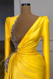 Yellow Long Sleeves Prom Dress with Beads and Sequins