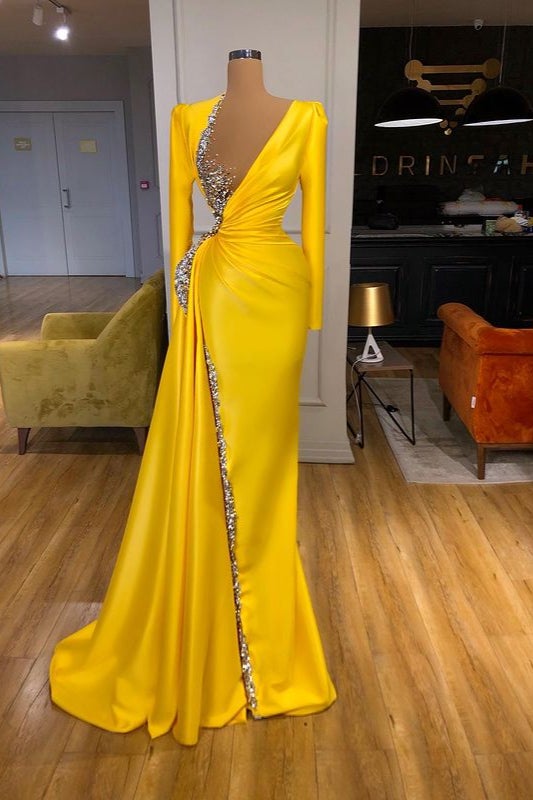 Yellow Long Sleeves Prom Dress with Beads and Sequins