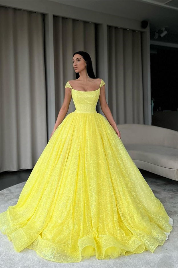 Yellow Off-The-Shoulder Ball Gown Sequins Evening Dress