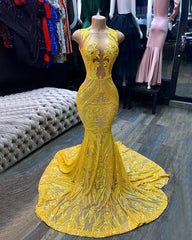 Yellow Sequins Mermaid Prom Dress Sleeveless