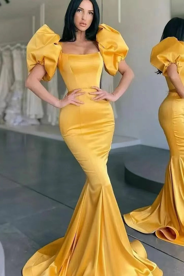 Yellow Square-Neck Bubble Sleeve Mermaid Long Prom Dress