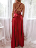 A-line Floor-length Cowl Neck Satin Split Front Prom Dresses