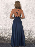 A-line Floor-length Cowl Neck Silk-like Satin Split Front Prom Dresses