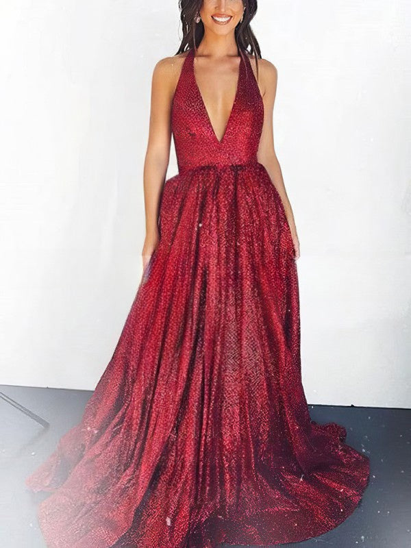 A-line Floor-length V-neck Glitter Prom Dresses