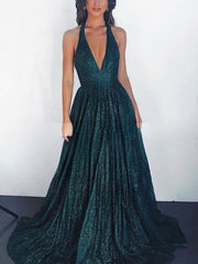 A-line Floor-length V-neck Glitter Prom Dresses