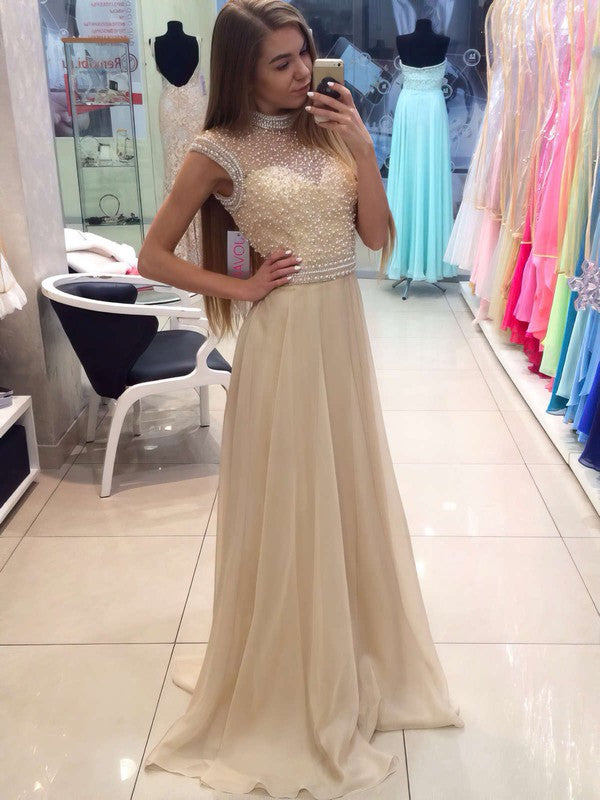 A-line High Neck Chiffon Prom Dress with Crystal Detailing and Sweep Train