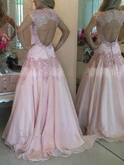 A-line High Neck Prom Dresses with Tulle and Appliques Lace