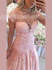 A-line High Neck Prom Dresses with Tulle and Appliques Lace