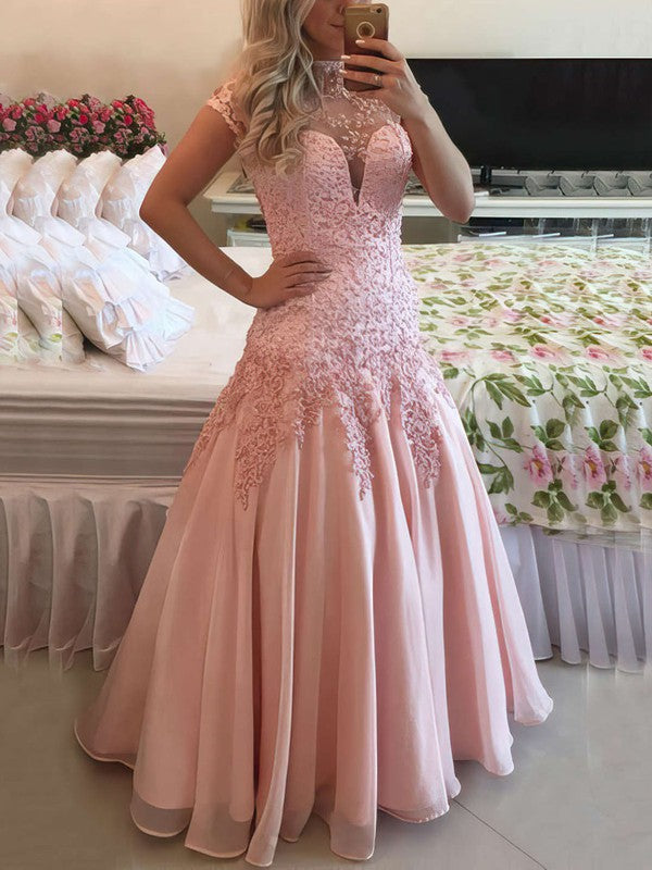 A-line High Neck Prom Dresses with Tulle and Appliques Lace