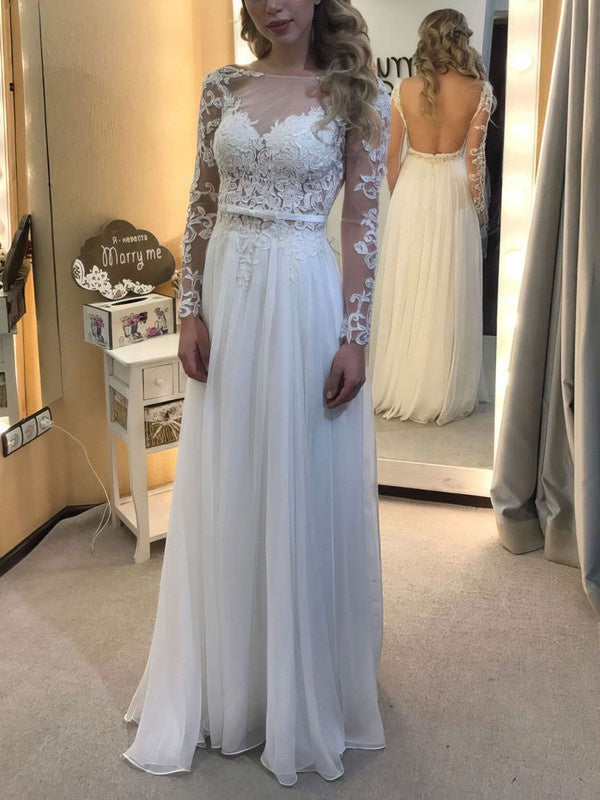 A-line Illusion Chiffon Floor-length Wedding Dresses With Appliques Lace