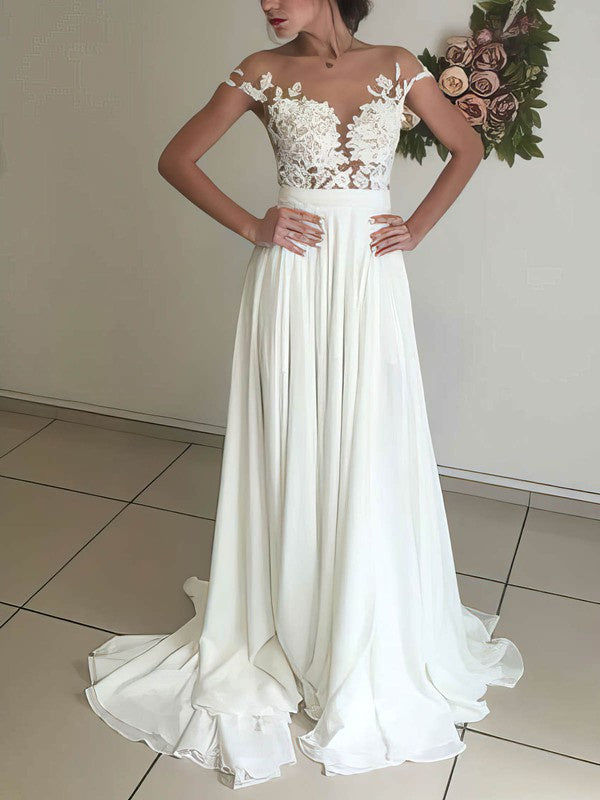 A-line Illusion Chiffon Sweep Train Wedding Dress with Appliques Lace