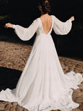 A-line Illusion Chiffon Sweep Train Wedding Dresses