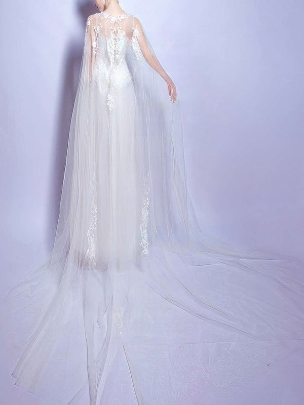 A-line Illusion Tulle Floor-length Wedding Dress with Appliques Lace