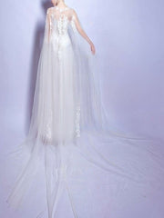 A-line Illusion Tulle Floor-length Wedding Dress with Appliques Lace