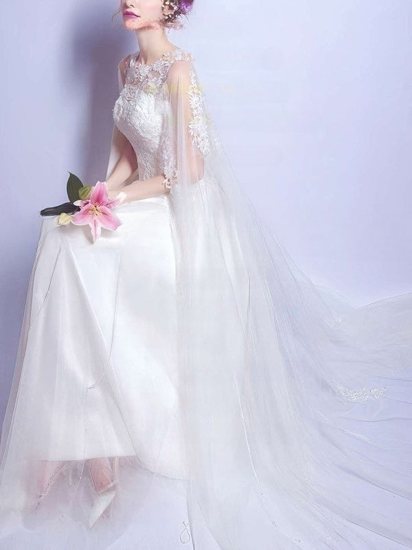 A-line Illusion Tulle Floor-length Wedding Dress with Appliques Lace