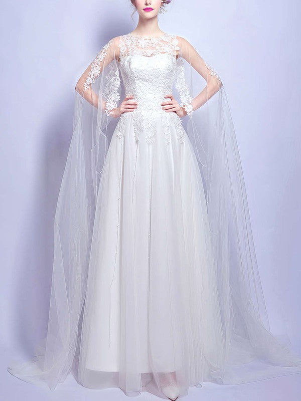 A-line Illusion Tulle Floor-length Wedding Dress with Appliques Lace