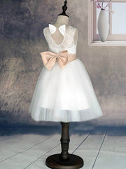 A-line Lace Tulle Bow Flower Girl Dresses with Scoop Neck