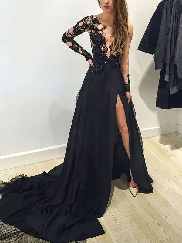 A-Line Long Sleeves Appliques Lace Prom Dress with Sweep Train and Scoop Neck