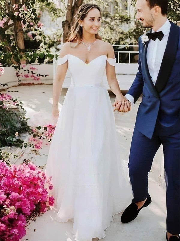 A-line Off-the-shoulder Chiffon Wedding Dress with Sashes & Ribbons