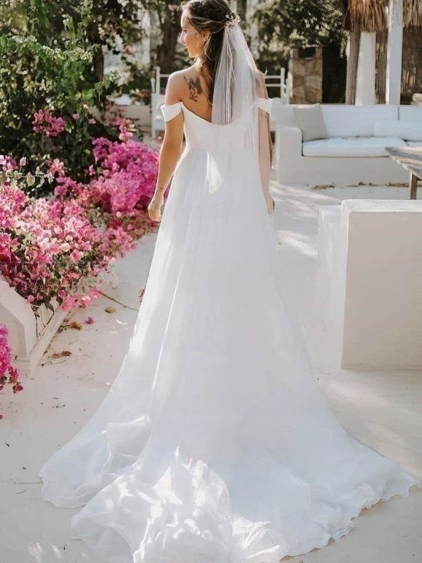 A-line Off-the-shoulder Chiffon Wedding Dress with Sashes & Ribbons