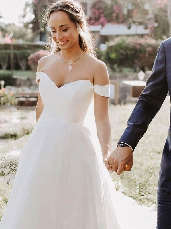 A-line Off-the-shoulder Chiffon Wedding Dress with Sashes & Ribbons