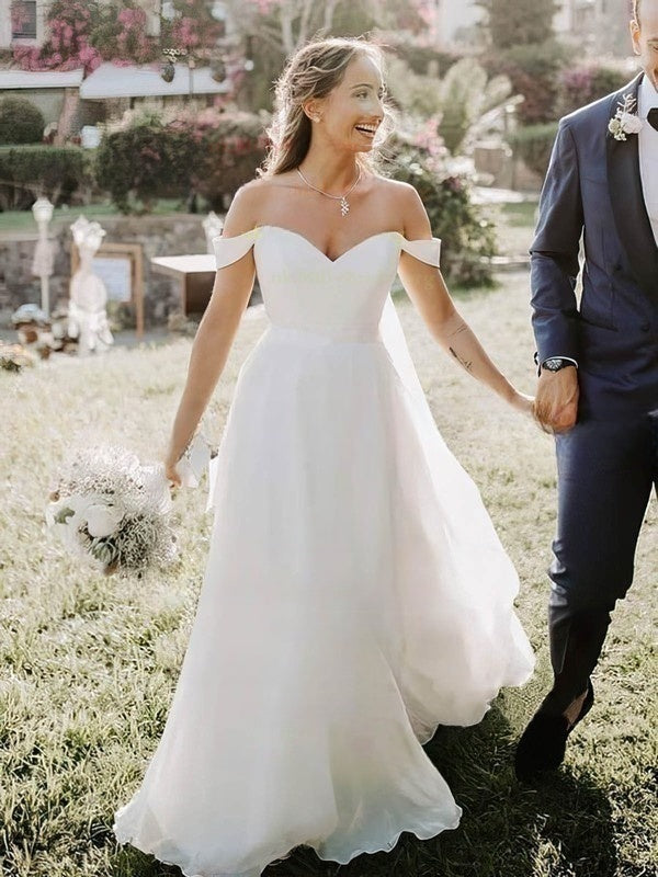 A-line Off-the-shoulder Chiffon Wedding Dress with Sashes & Ribbons