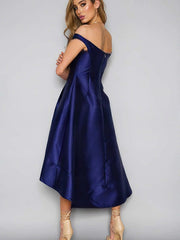 A-Line Off-the-Shoulder Satin Prom Dress with Asymmetrical Pockets