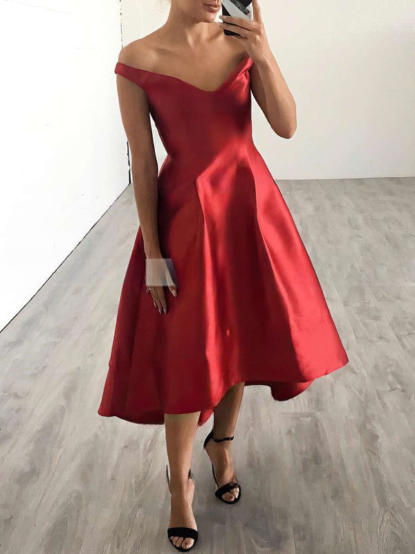 A-Line Off-the-Shoulder Satin Prom Dress with Asymmetrical Pockets