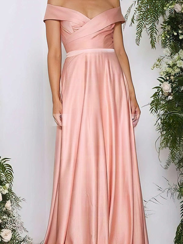 A-line Off-the-shoulder Satin Prom Dress with Ruffles and Sweep Train