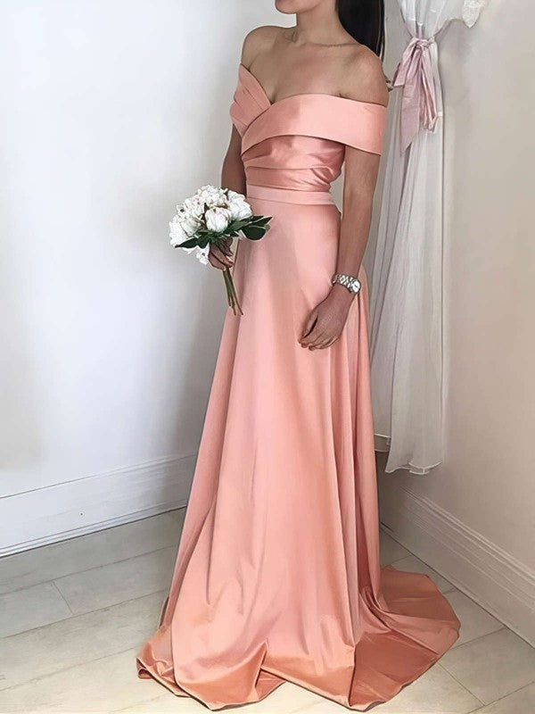 A-line Off-the-shoulder Satin Prom Dress with Ruffles and Sweep Train