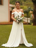 A-line Off-the-shoulder Satin Sweep Train Wedding Dress With Split Front