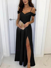 A-Line Off-the-Shoulder Split Front Silk-Like Satin Prom Dress