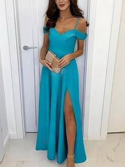 A-Line Off-the-Shoulder Split Front Silk-Like Satin Prom Dress